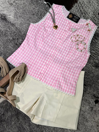 Gingham Lace Trim Button Down Vest Top