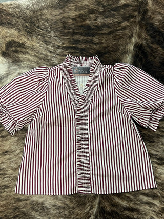 Plus Stripe Smocked V-Neck Puff Sleeve Top