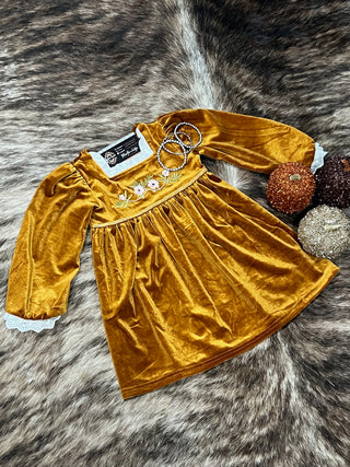 Golden Brown Faux Velvet Girls Dress with Floral Embroidery