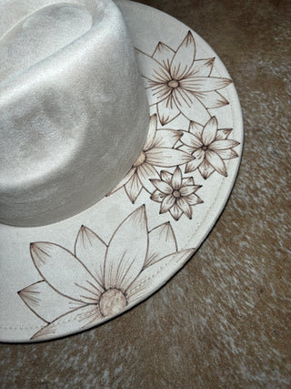 Ivory Floral Burned Wide Brim Hat