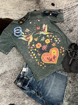Hummingbirds & Flowers Mineral Wash Tee