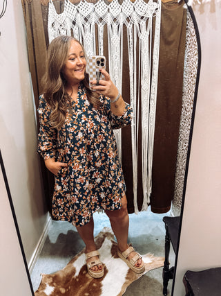 Teal botanical floral long sleeve tiered mini dress with pockets, photo 1