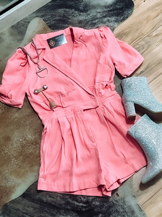 Pink Denim Puff Sleeve Romper for Women styled with western accessories and sparkly boots at Jayden Layne size-inclusive boutique