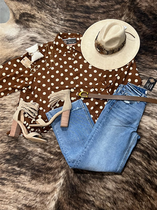 Brown Polka Dot Peplum Shirt (Collared Button Down)
