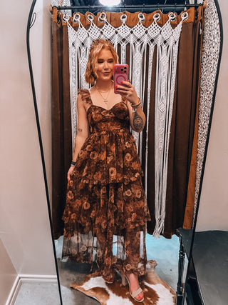 Floral Chiffon Ruffle Tiered Corset Maxi Dress