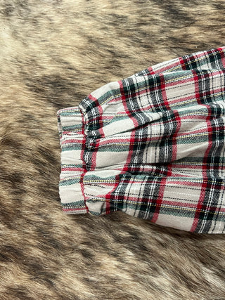 Taupe Plaid Puff Sleeve Ruffle Neck Gold Button Top