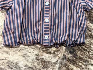 Stripe Gathered Yoke Puff Sleeve Button Down Top