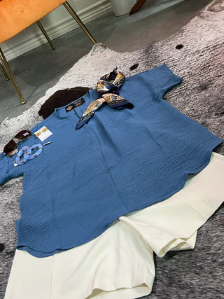 Dusty Blue Woven Split Neck Top