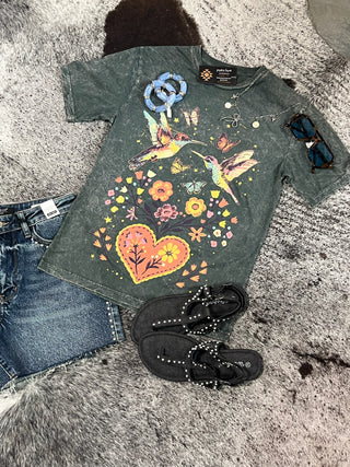 Hummingbirds & Flowers Mineral Wash Tee