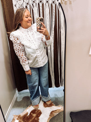 Ivory lace ruffle blouse with open work lace sleeves and lace trimmed cuffs, photo 4
