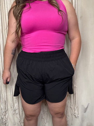 Black windbreaker smocked shorts