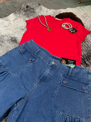 Curvy ankle drawstring wide leg jeans