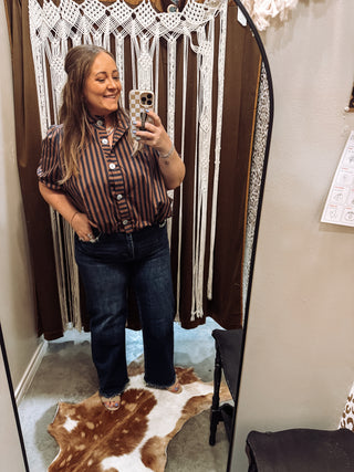Stripe Gathered Yoke Puff Sleeve Button Down Top