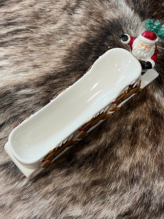 Santa Sleigh Ceramic Cracker Dish with Reindeer & Toothpicks