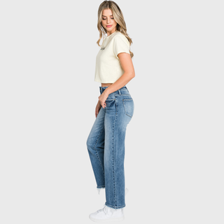 HIGH RISE STRETCH SLIM STRAIGHT JEANS