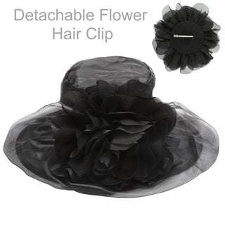 Wide Brim Organza Hat with Detachable Floral Fascinator Clip