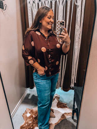 Oversized Burgundy Polka Dot Button Down Top