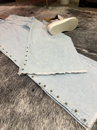 Studded Side Detail Split Leg Frayed Wide Leg Jeans