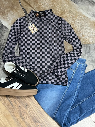 Checkered Mesh Long Sleeve