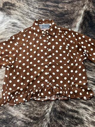 Brown Polka Dot Peplum Shirt (Collared Button Down)