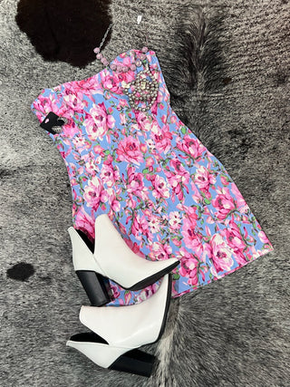 Pink Blue Floral Corset Mini Dress