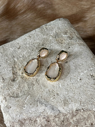 Abalone shell teardrop drop earrings with hammered bezel