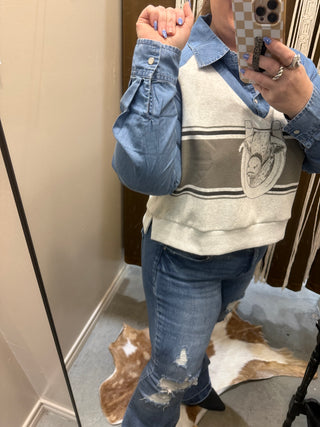 "Call 'Em Home" Denim Shirt with Attached Vest Overlay