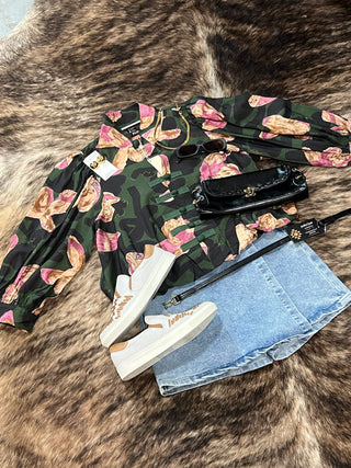 Pine Floral Print Puff Sleeve Button-Up Blouse