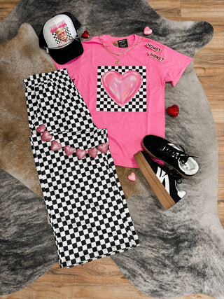 Checker print pink heart graphic