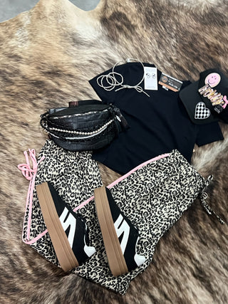 Leopard Drawstring Side Stripe Pants
