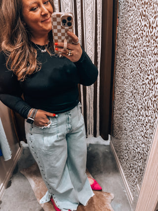 Studded Side Detail Split Leg Frayed Wide Leg Jeans
