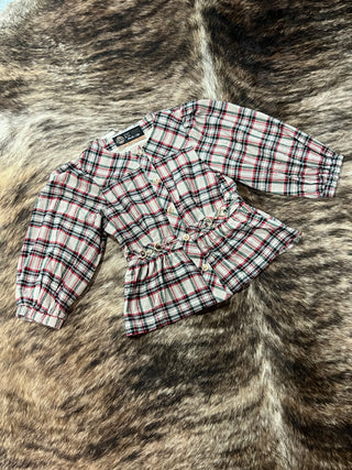 Taupe Plaid Puff Sleeve Ruffle Neck Gold Button Top
