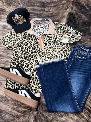Mock Neck Half Band Button Down Leopard Top