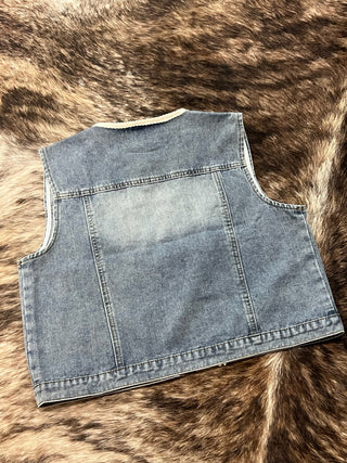 Washed denim ruffle vest