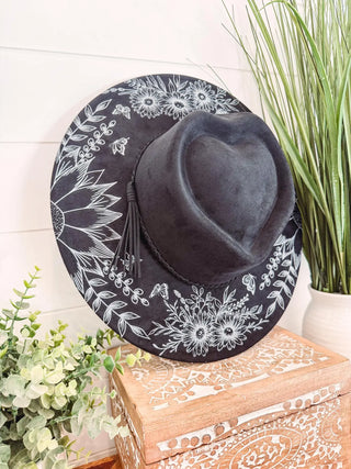 Floral print heart hat in vegan suede, charcoal and black options