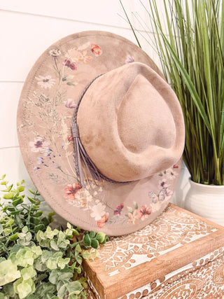 Floral print heart hat in vegan suede, beige and ivory options