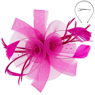 Feather & Double Floral Mesh Fascinator Headband/Clip