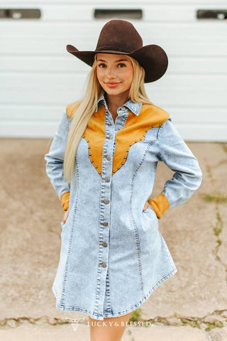 Acid Wash Denim Concho Suede Studded Yoke