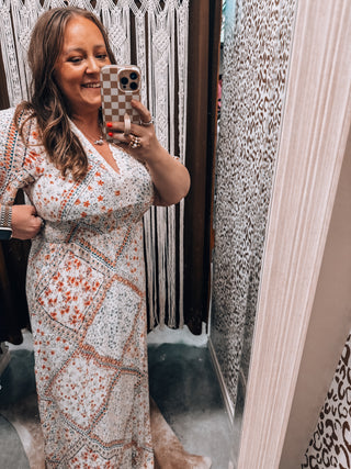 Patchwork Floral Flutter Sleeve Maxi Dress