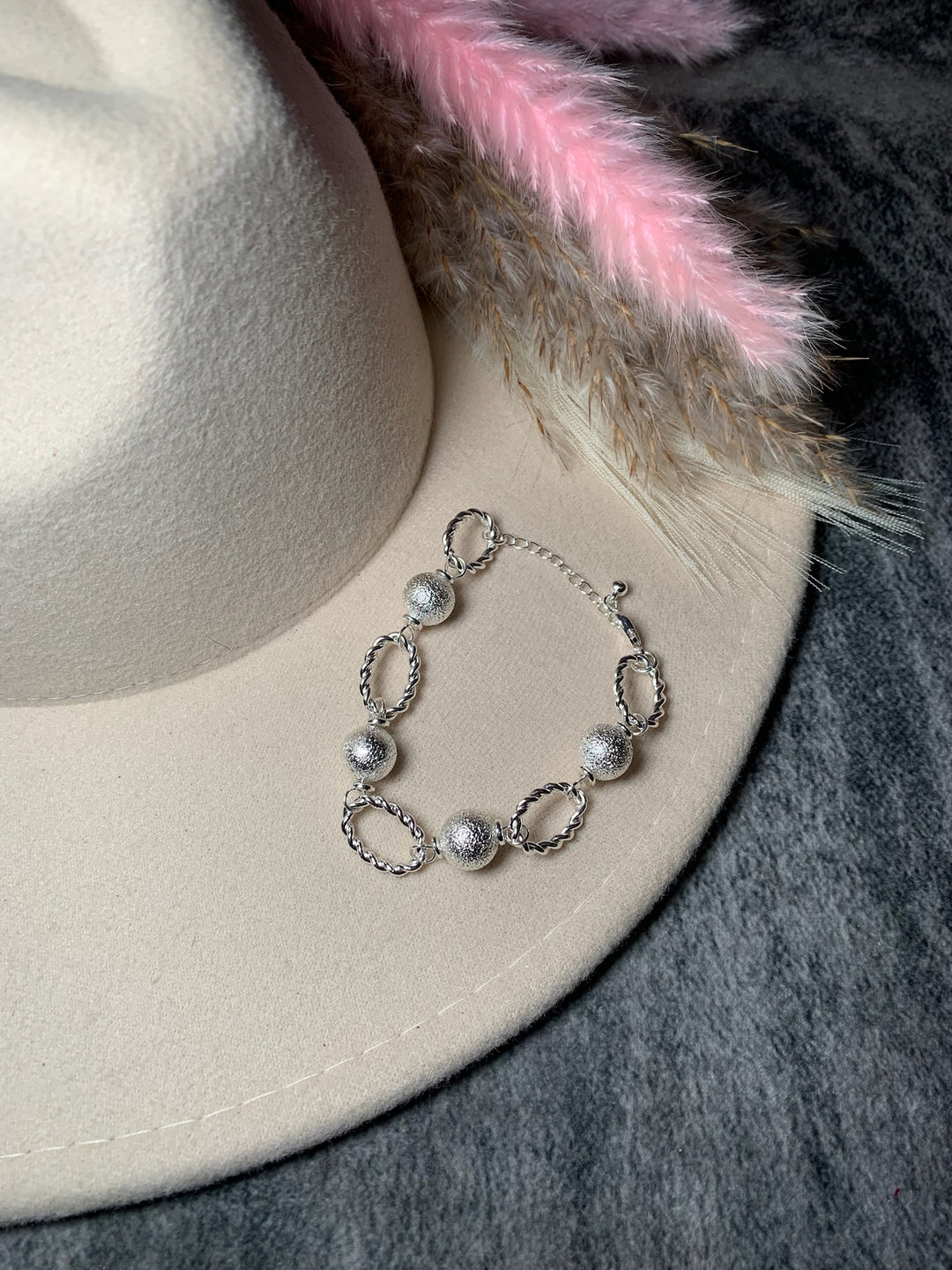 Silver Bead and Textured Oval Bracelet