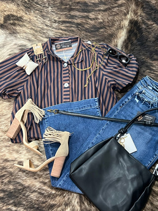 Stripe Gathered Yoke Puff Sleeve Button Down Top