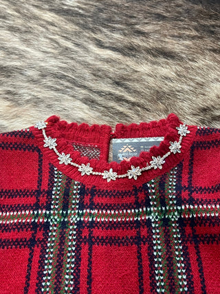 Red Plaid Rhinestone Snowflake Trim Scalloped Christmas Sweater