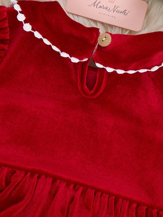 Girls ruby red velvet smocked holly Christmas dress, photo 5