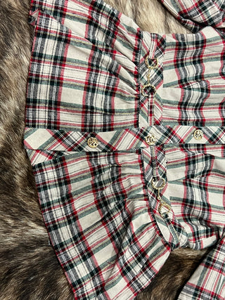 Taupe Plaid Puff Sleeve Ruffle Neck Gold Button Top