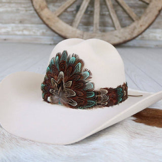 Western Feather Hat Band - Canyon styled with feathers on cream hat, Jayden Layne size-inclusive western boutique, boho denim vibe