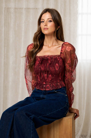 Floral Chiffon Smocked Long Sleeve Top