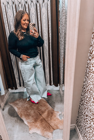 Studded Side Detail Split Leg Frayed Wide Leg Jeans
