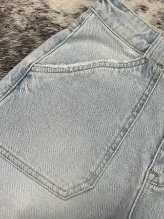 High Rise Patch Pocket Denim Shorts with Frayed Hem