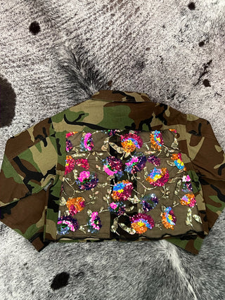 Camo Sequin Contrast Cropped Jacket