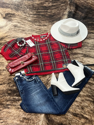 Red Plaid Rhinestone Snowflake Trim Scalloped Christmas Sweater